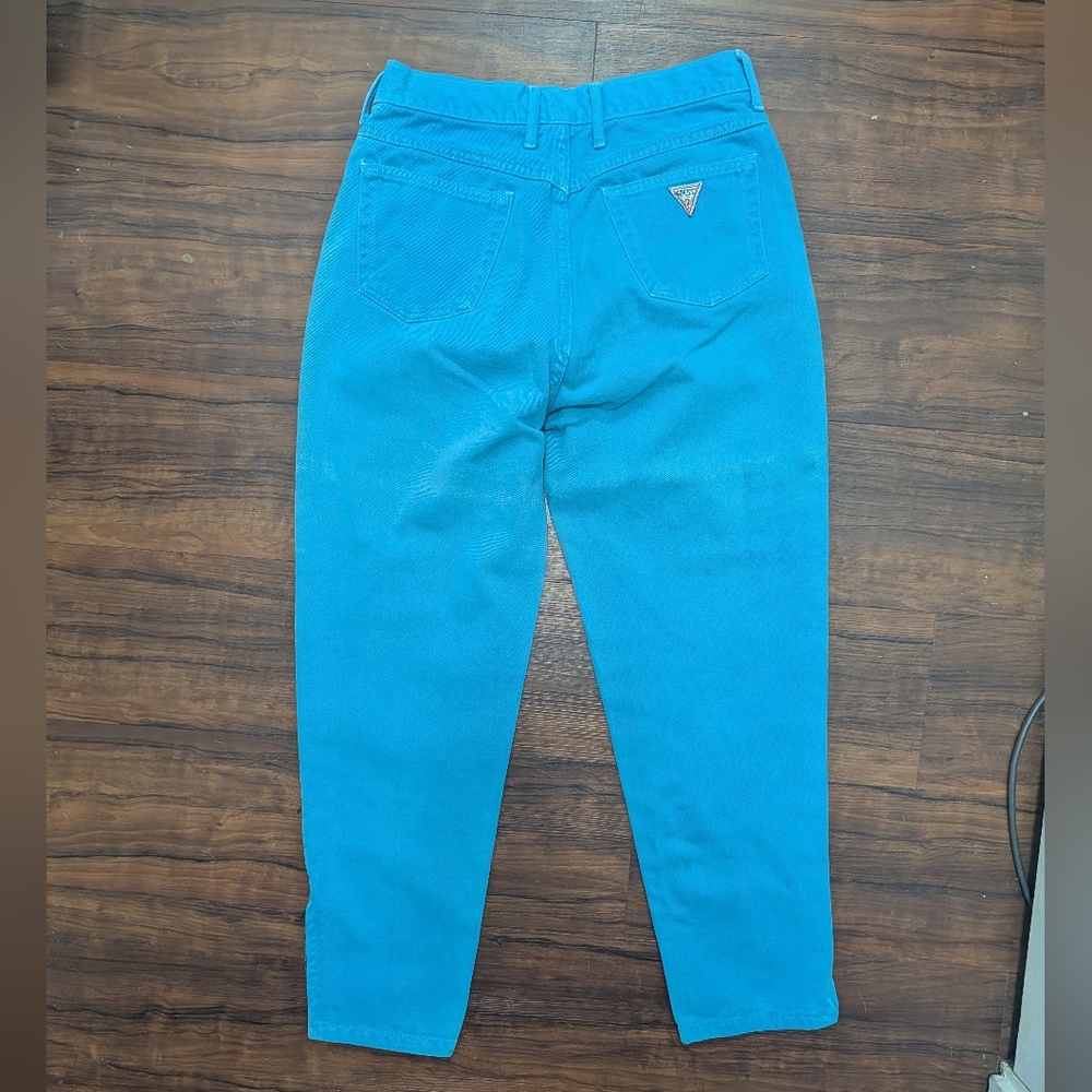 Vtg 80s Guess by Marciano USA ankle zip high-waisted aqua blue crop Mom Jeans - Picture 9 of 15
